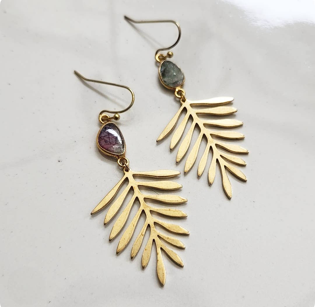 Brass Fern Leaf & Watermelon Tourmaline Dangle Earrings