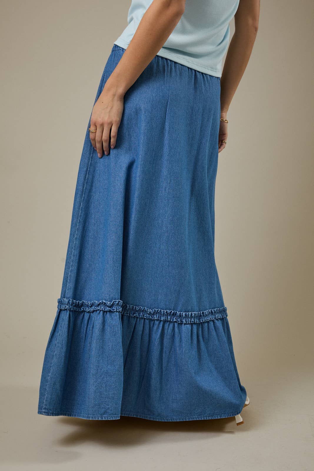 Tiered Denim Maxi Skirt with Drawstring Waist