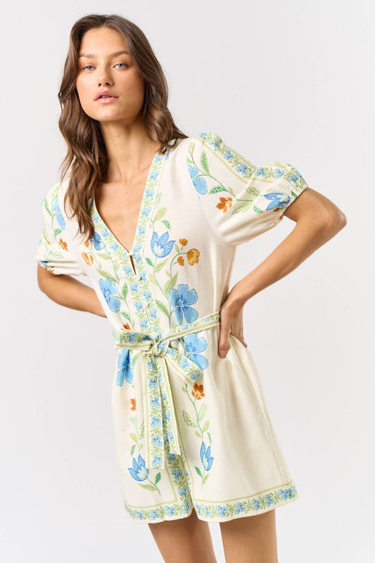 ILR5075 PRINTED SHORT PUFF SLEEVE ROMPER