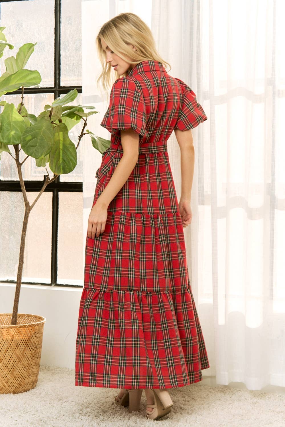 HOLIDAY PLAID SHIRT TIERED MAXI DRESS