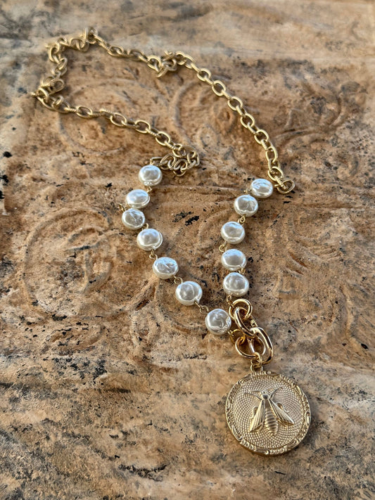 Majesty Bee Medallion Pearl Coin Necklace