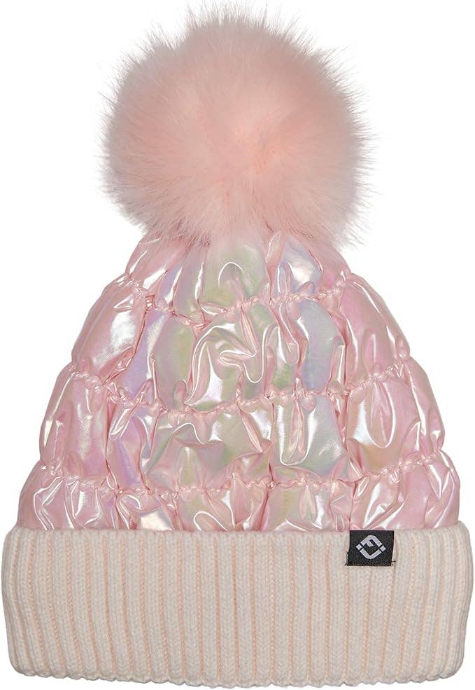Puffer Faux Fur Pom Beanie - Iridescent Pink