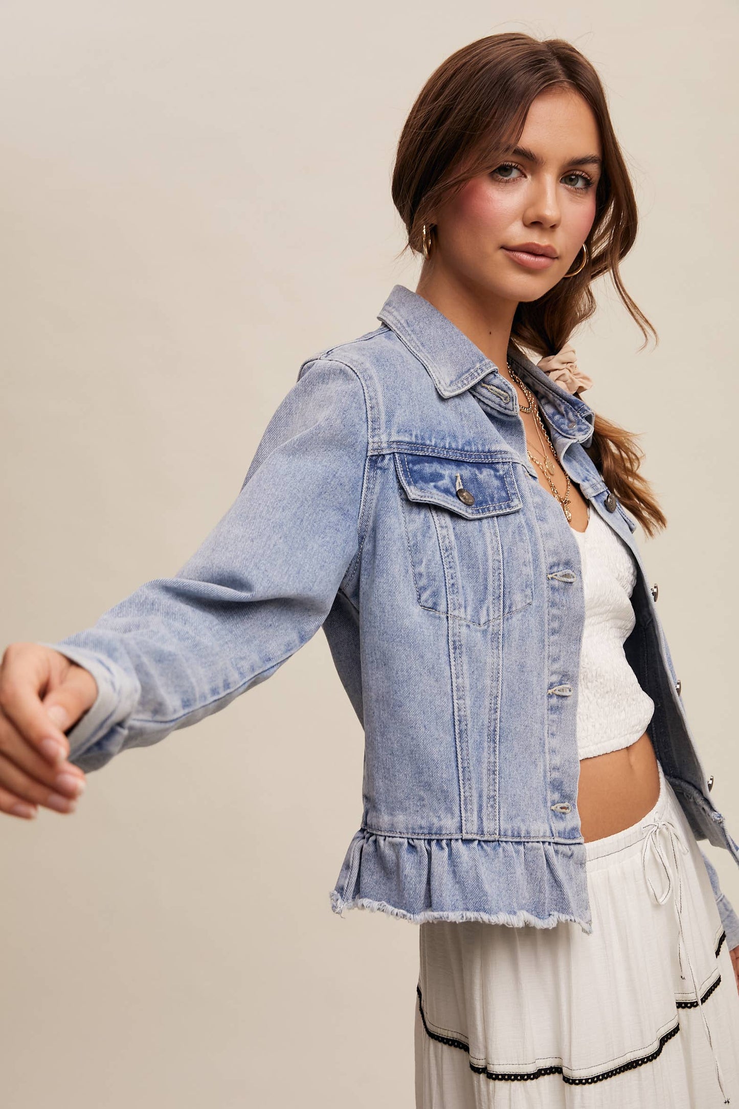 Ruffled Hem Denim Jacket
