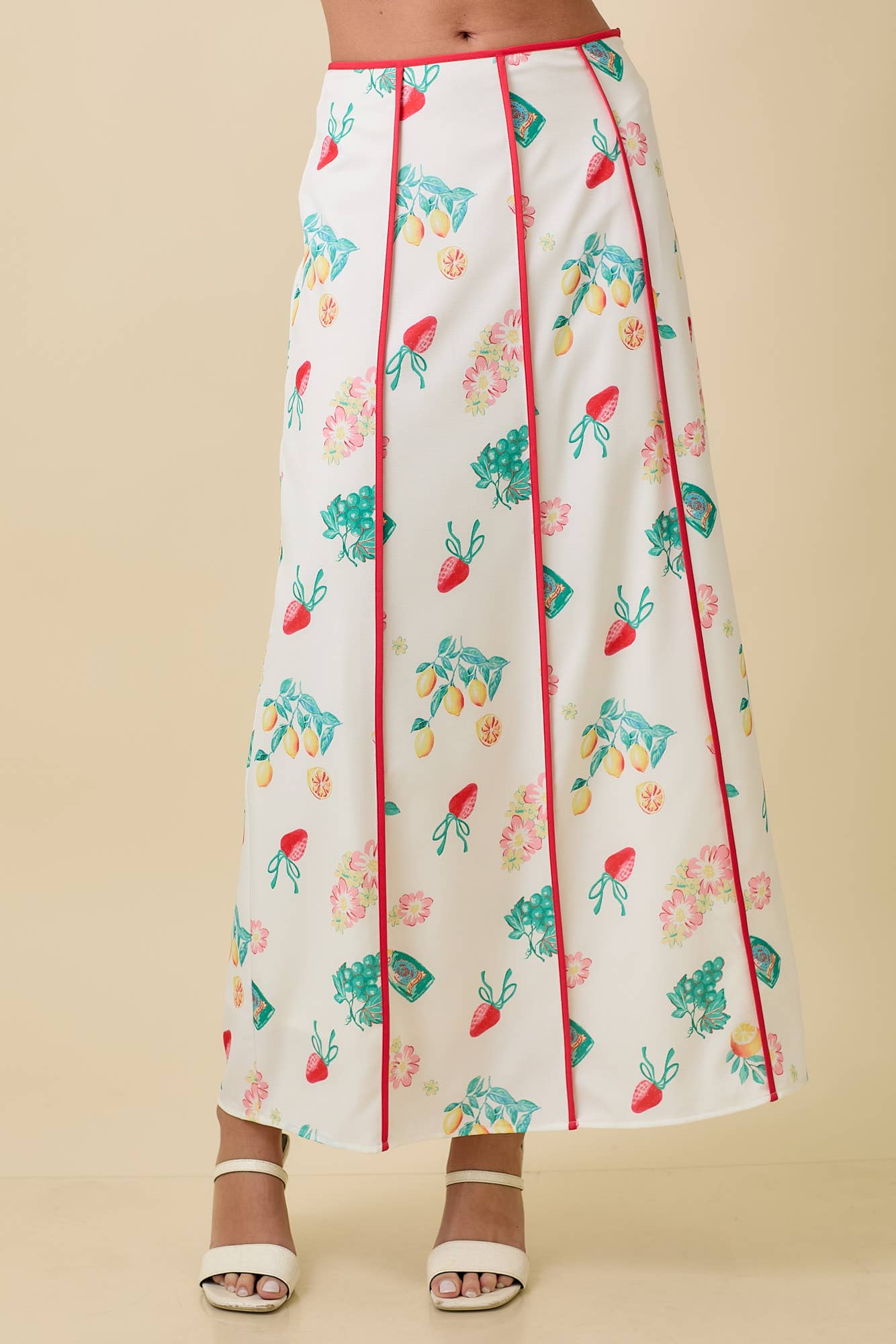 Vintage Fruit Print Midi Skirt - Ivory
