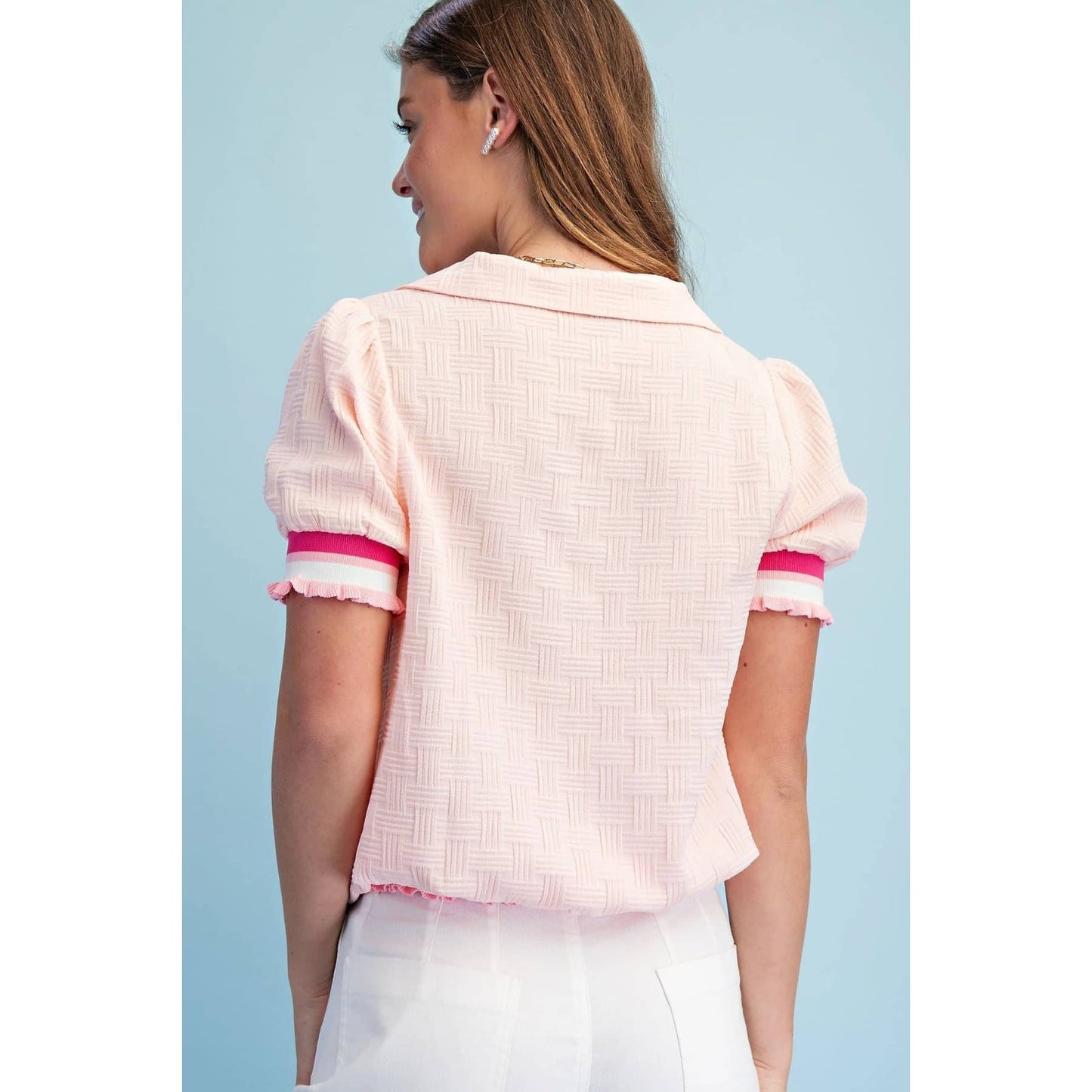 LAST CHANCE - Textured V-Neck Short-Sleeve Top
