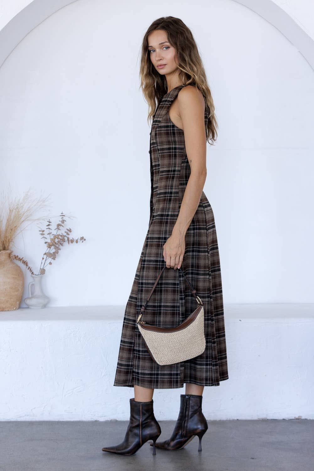 BROWN & BLACK PLAID BUTTON-FRONT MIDI DRESS