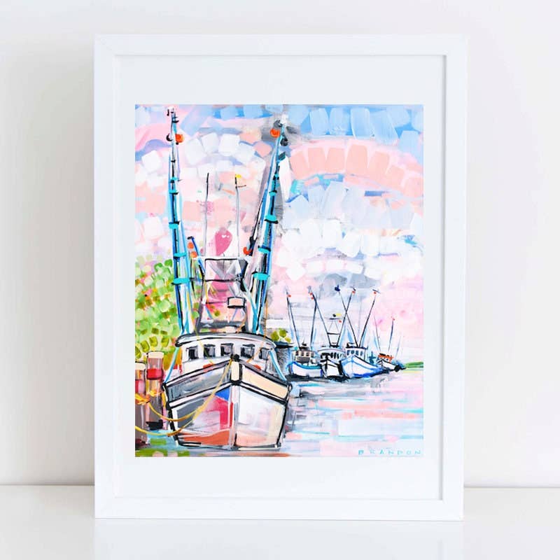 Shrimp Boats at Sunset Print with White Frame