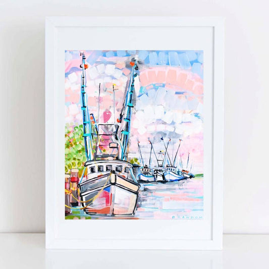 Shrimp Boats at Sunset Print with White Frame