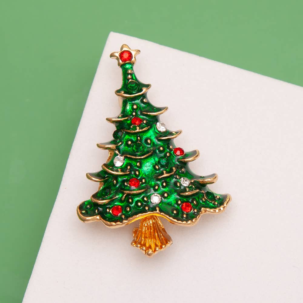 Christmas Ornament Crystal Enamel Tree Brooch Pin