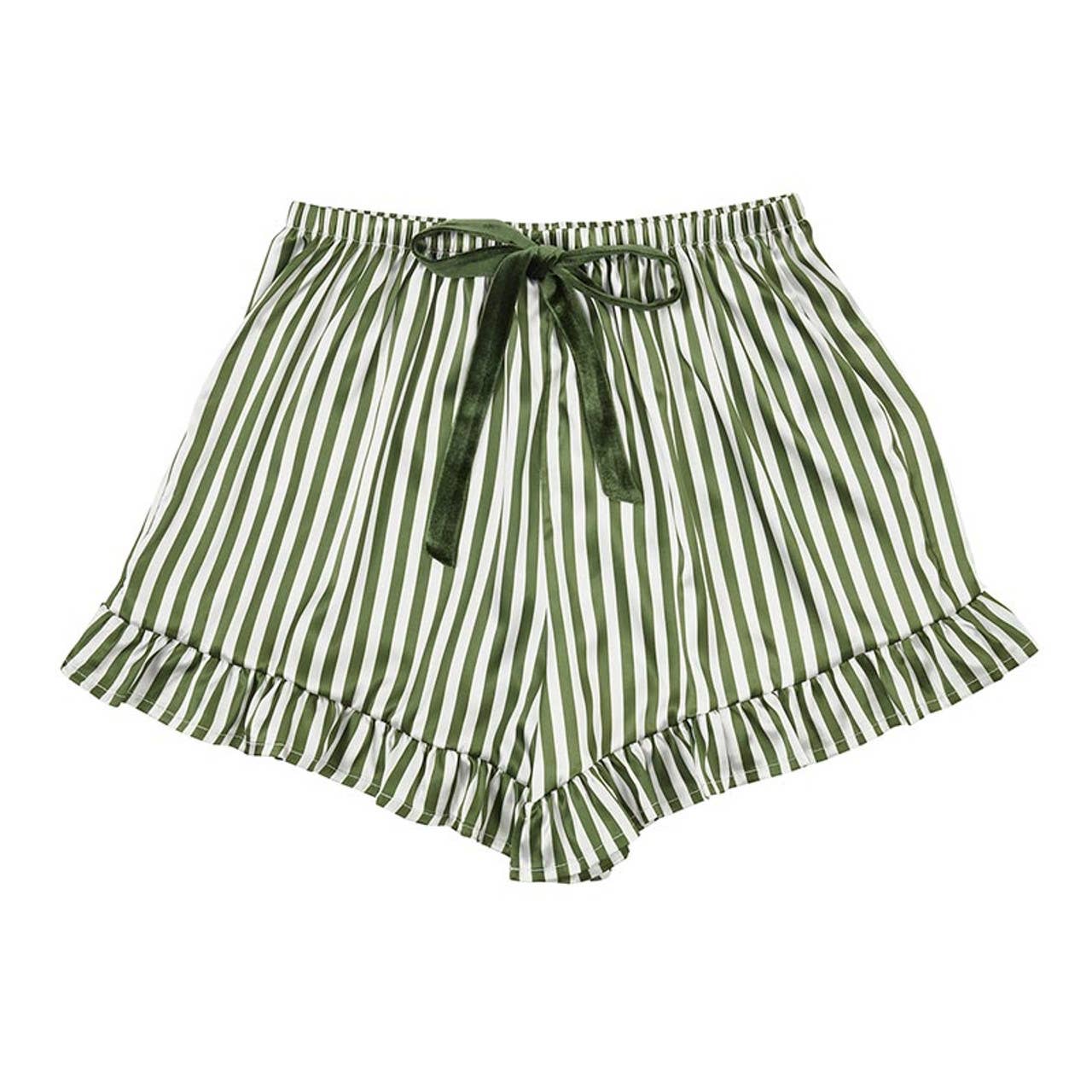 LAST CHANCE - Green Stripe Velvet Trim Pajama Set – Button Up Top & Shorts