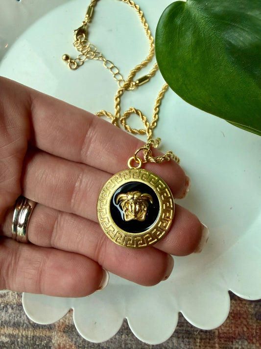 Upcycled Versace Gold & Black Pendant Necklace