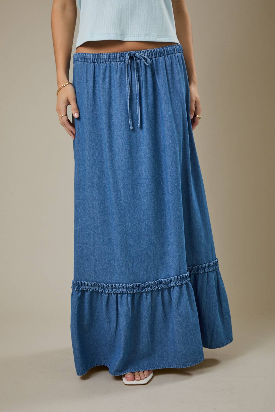 Tiered Denim Maxi Skirt with Drawstring Waist