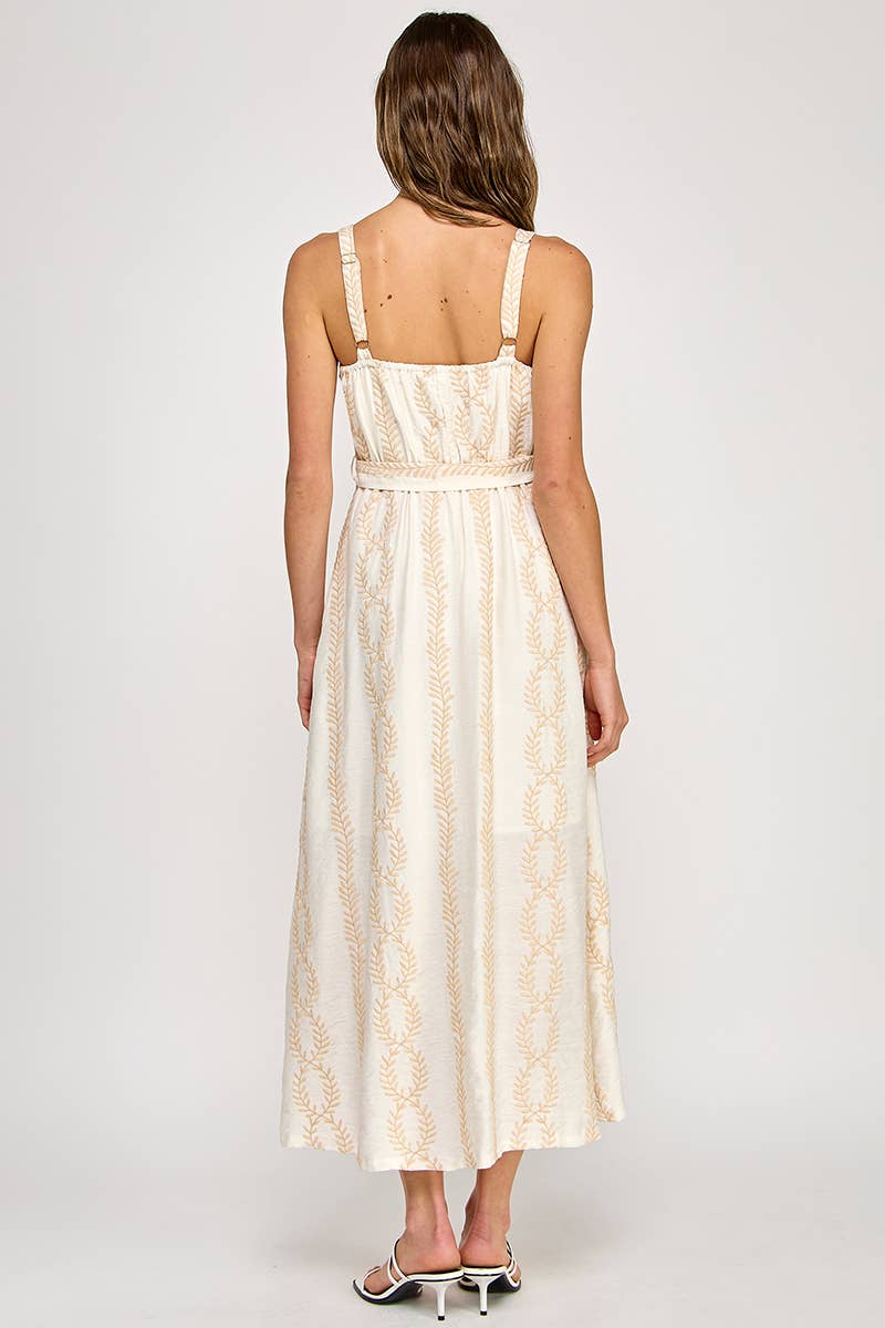 Embroidered Belted Maxi Dress