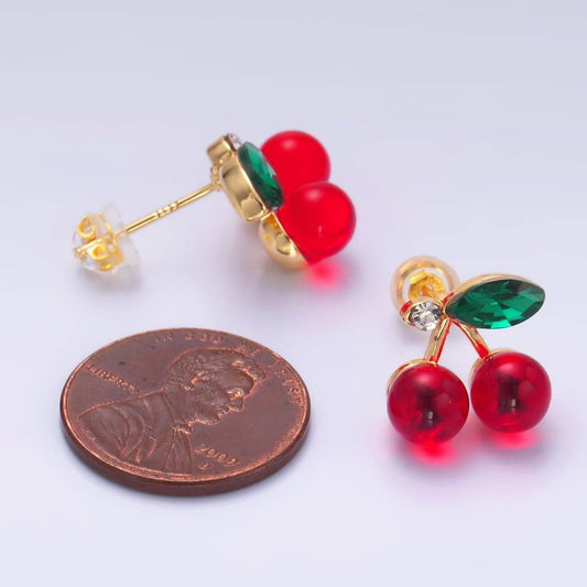 24K Gold Filled 13mm CZ Cherry Fruit Stud Earrings