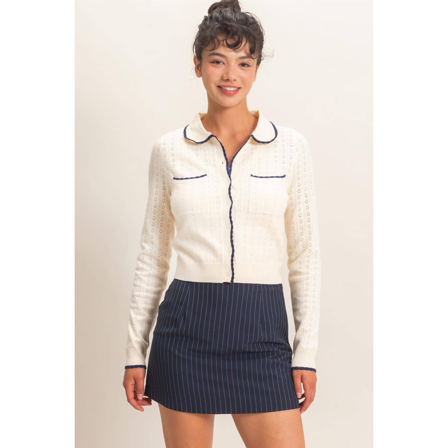 Collared Pointelle Knit Cardigan