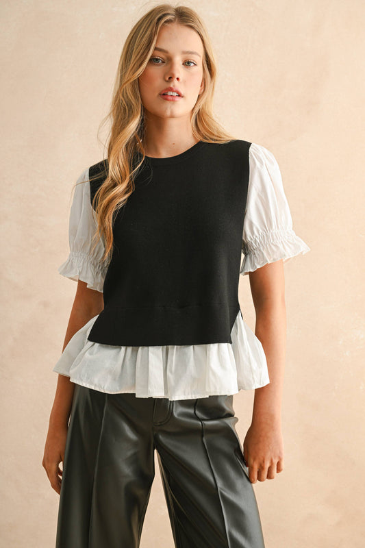 T3506   SWEATER COMBO SHORT SLEEVE BLOUSE
