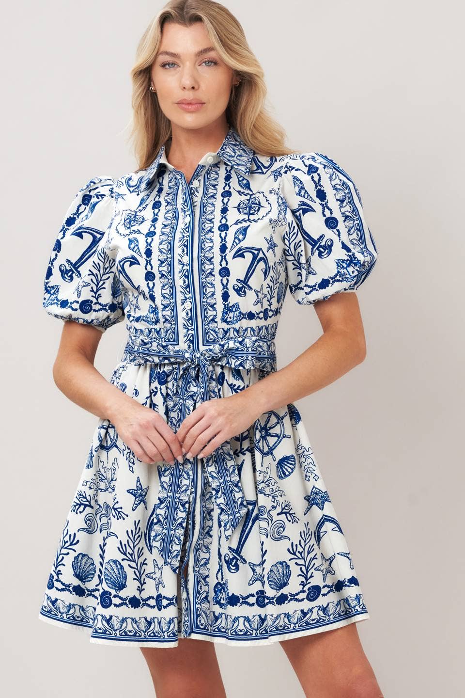 PRINTED WOVEN BUTTON DOWN MINI DRESS