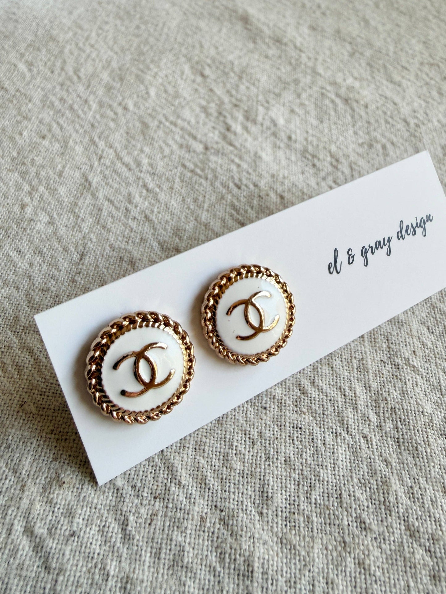 Upcycled CC White & Gold Circles Pendant Earrings