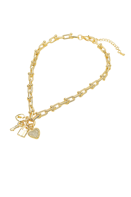 Key to My Heart Gold Charm Necklace with CZ Pendant