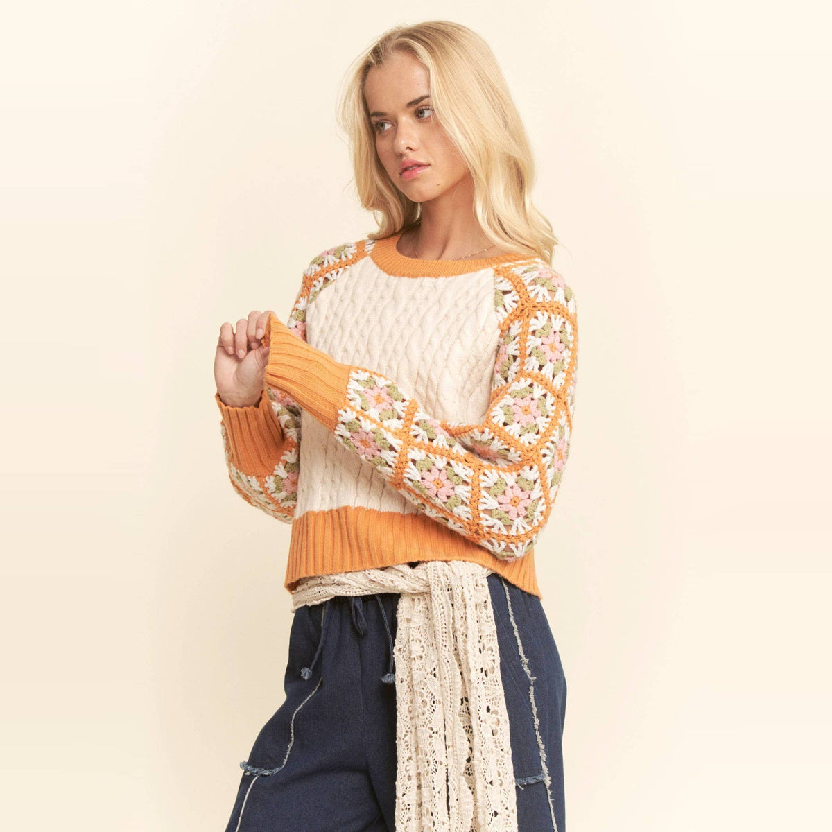 Cable Knit Sweater With Crochet Floral Sleeves