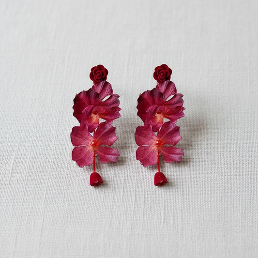 Silver Needle Rose Glass Pearl Stud Earrings