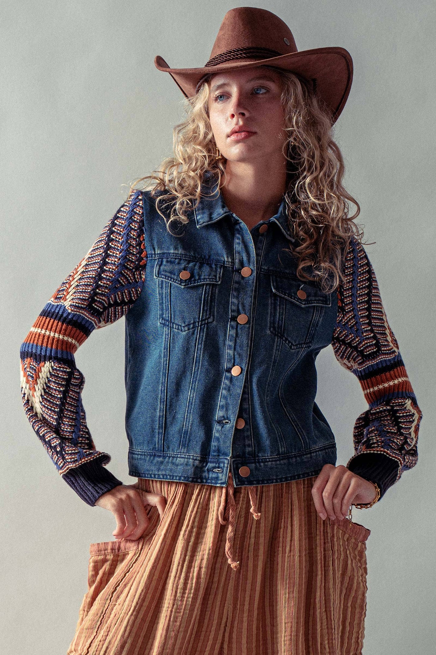 Denim Jacket with Knit Sleeves