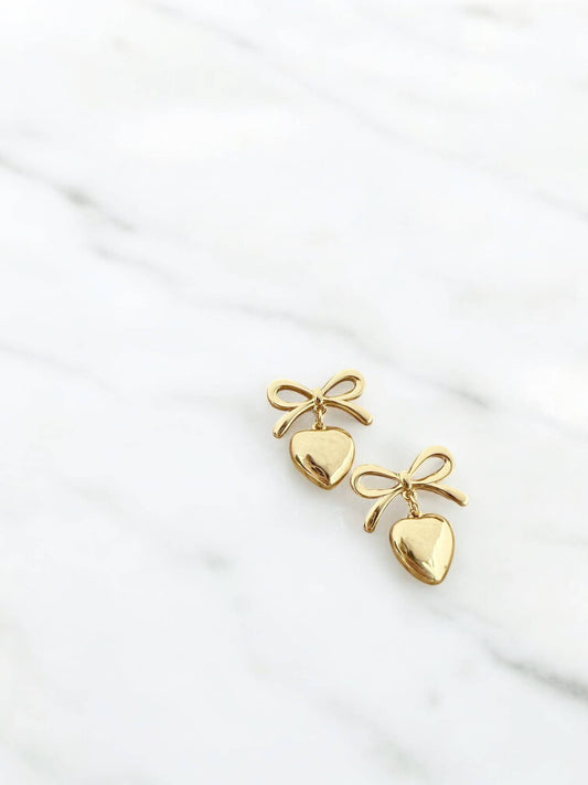 Cherish Bow Ribbon Heart Dangle Earrings Gold Filled Silver