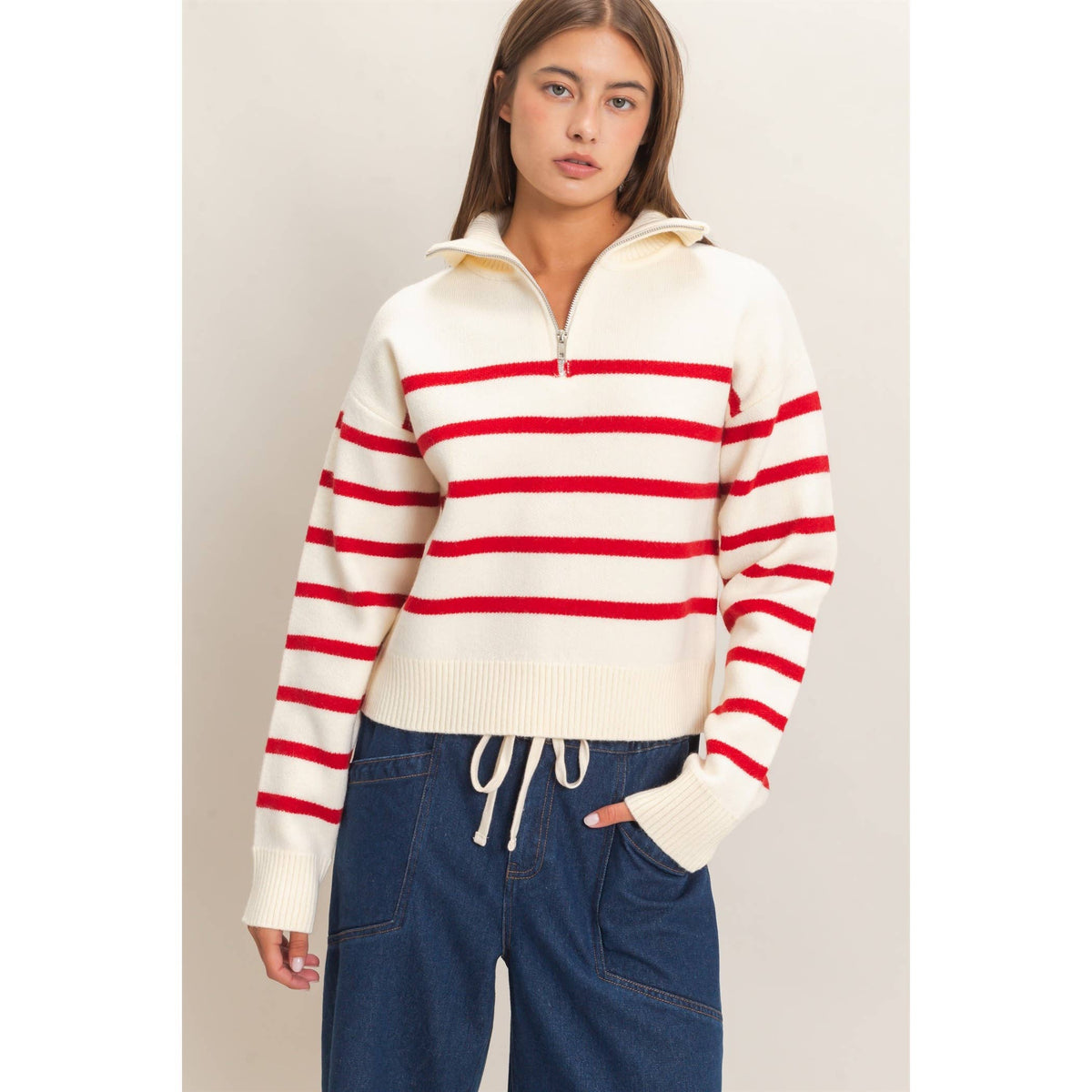 Half-Zip Collared Stripe Sweater