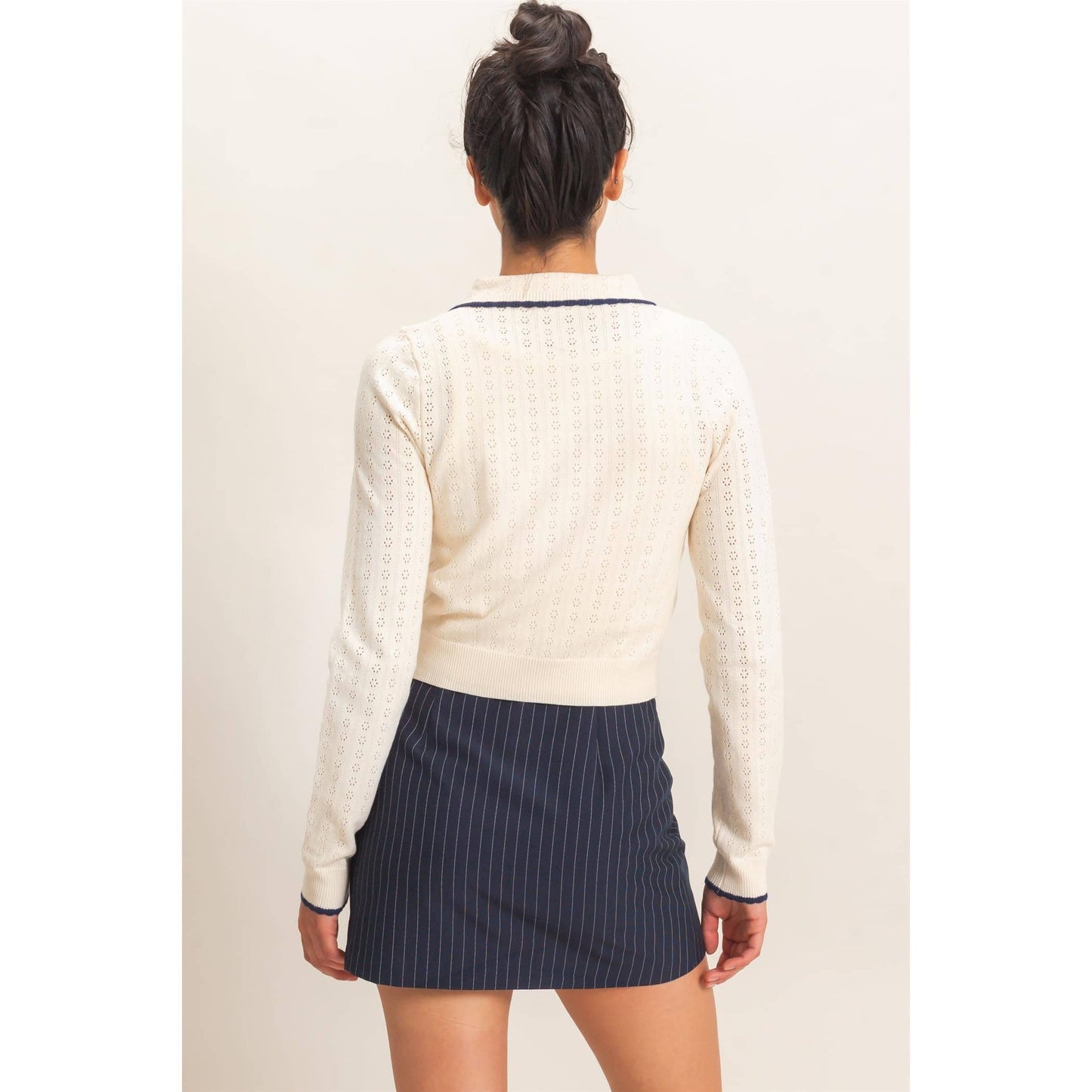 Collared Pointelle Knit Cardigan
