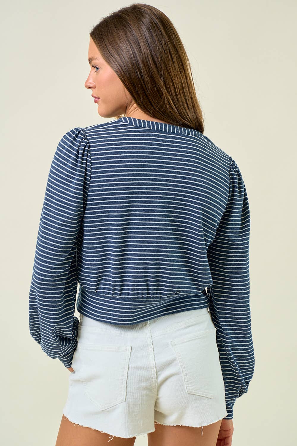 STRIPED KNIT BUTTON FRONT BLOUSON TOP
