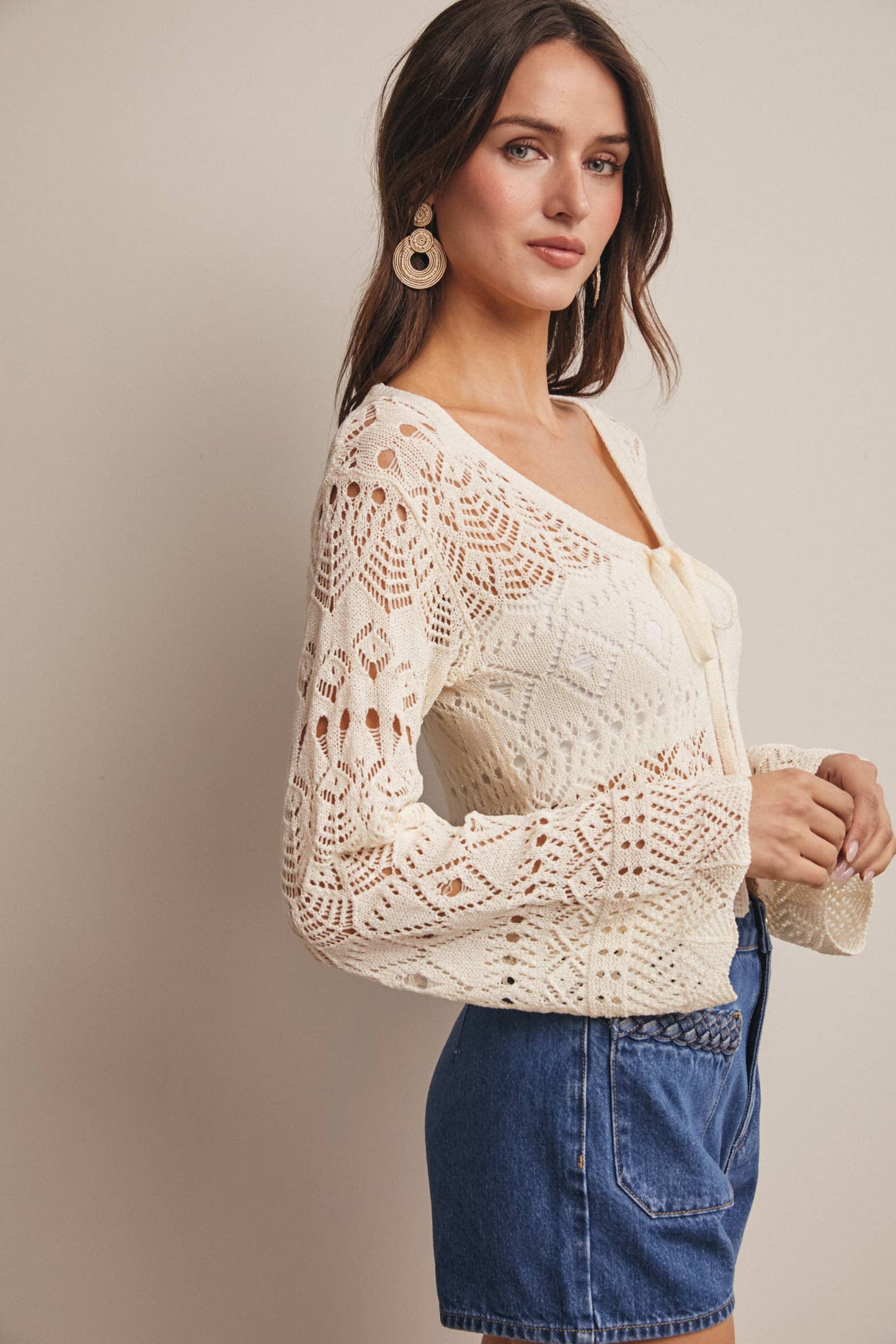 Crochet Tie-Front Knit Cardigan Top