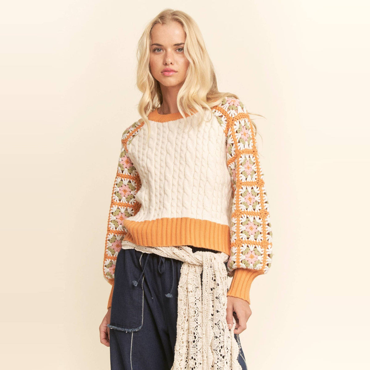 Cable Knit Sweater With Crochet Floral Sleeves