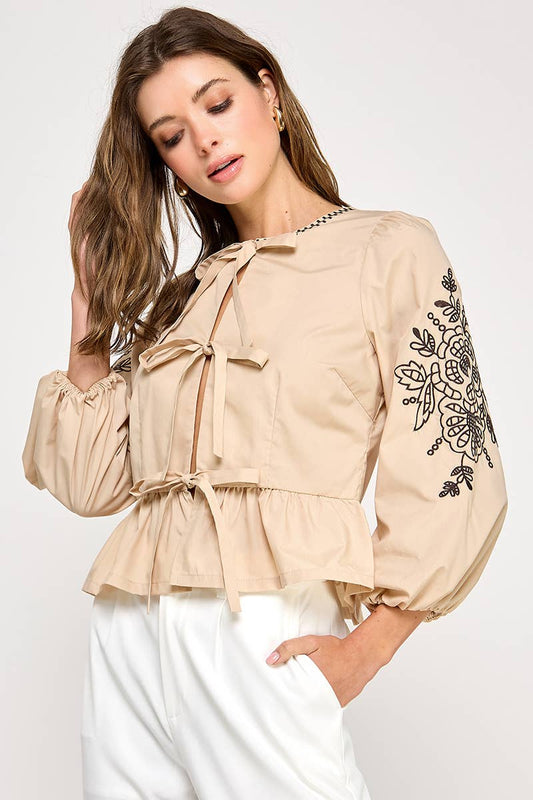 Black 3/4 Sleeve Embroidered Top