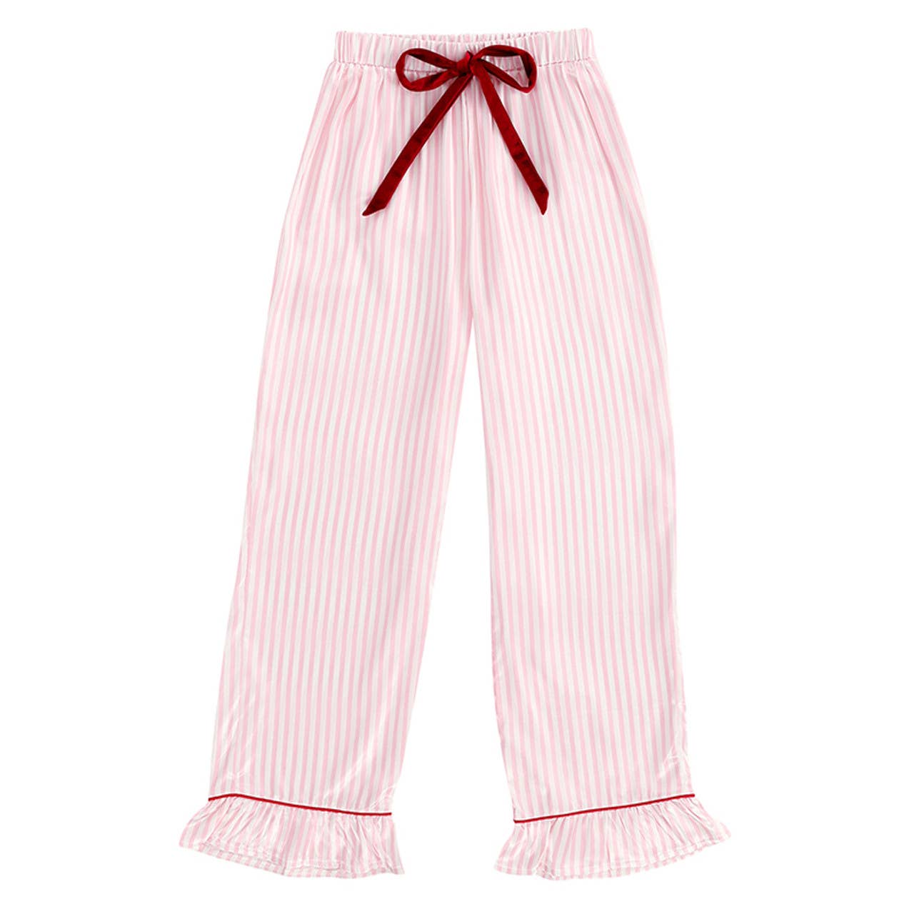 Ruffle PJ Set With Velvet Tie - Pink Stripe
