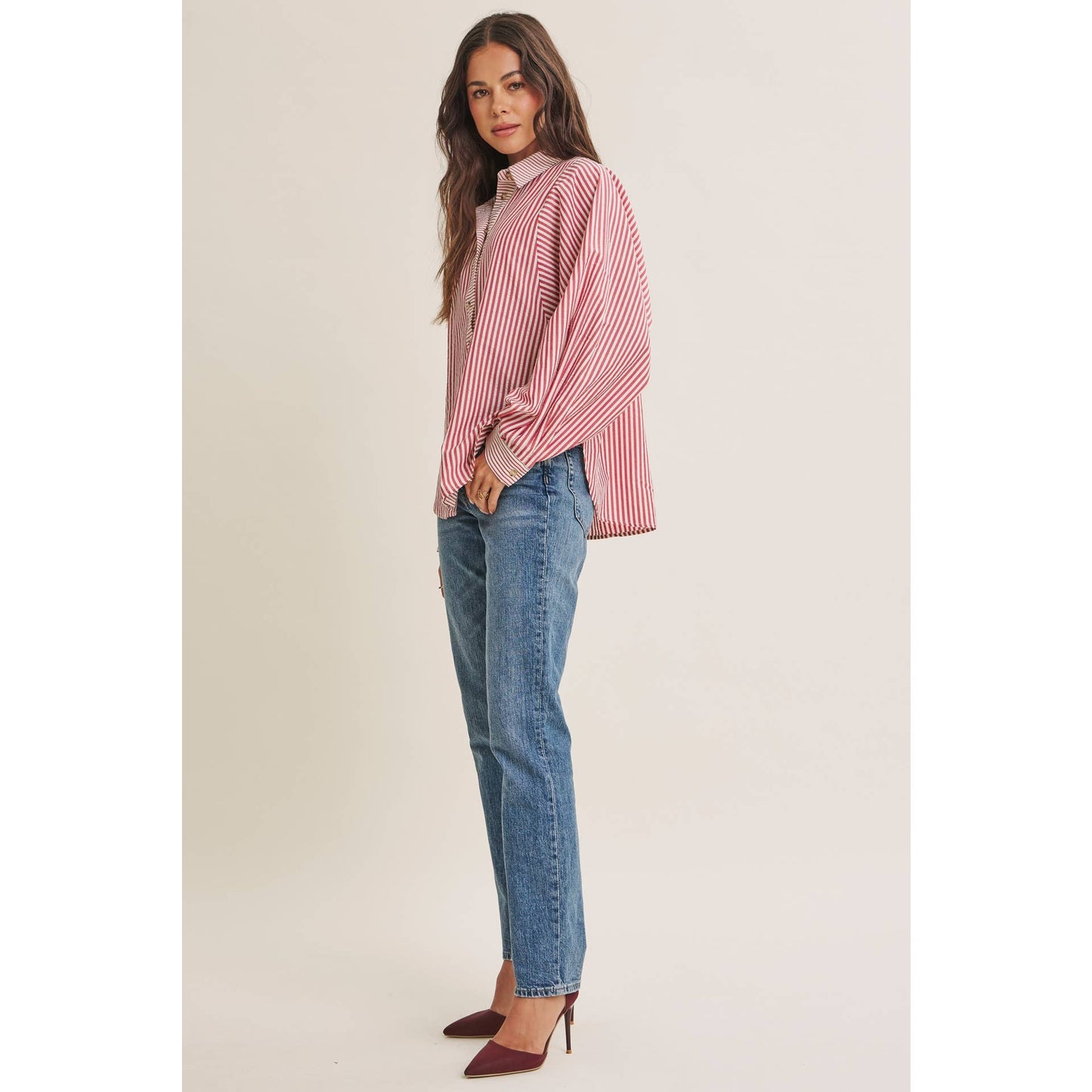 FRENCH CAFE EFFORTLESS DRAPE BATWING BUTTON-DOWN SHIRT