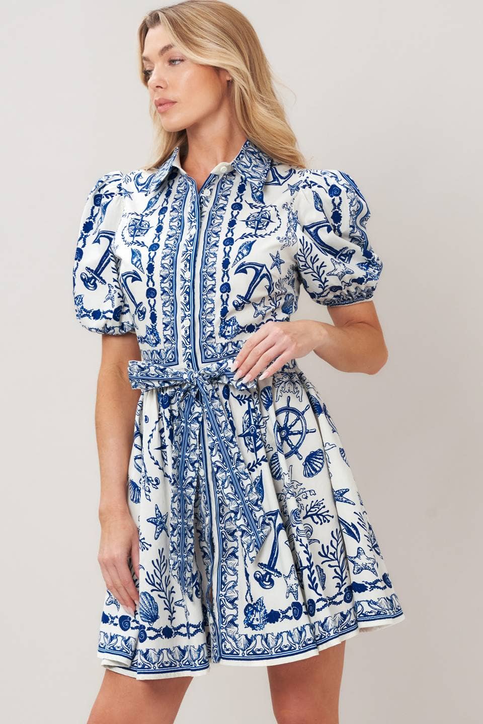 PRINTED WOVEN BUTTON DOWN MINI DRESS