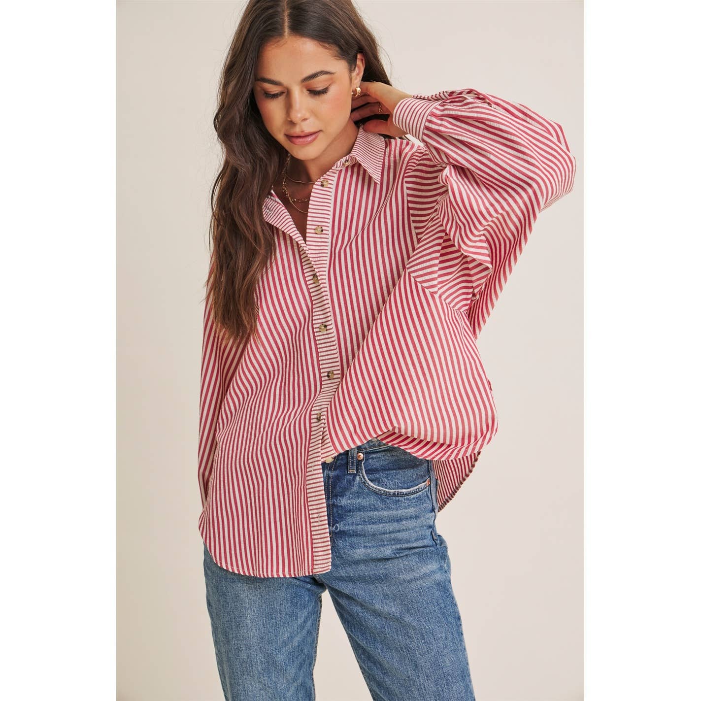 FRENCH CAFE EFFORTLESS DRAPE BATWING BUTTON-DOWN SHIRT