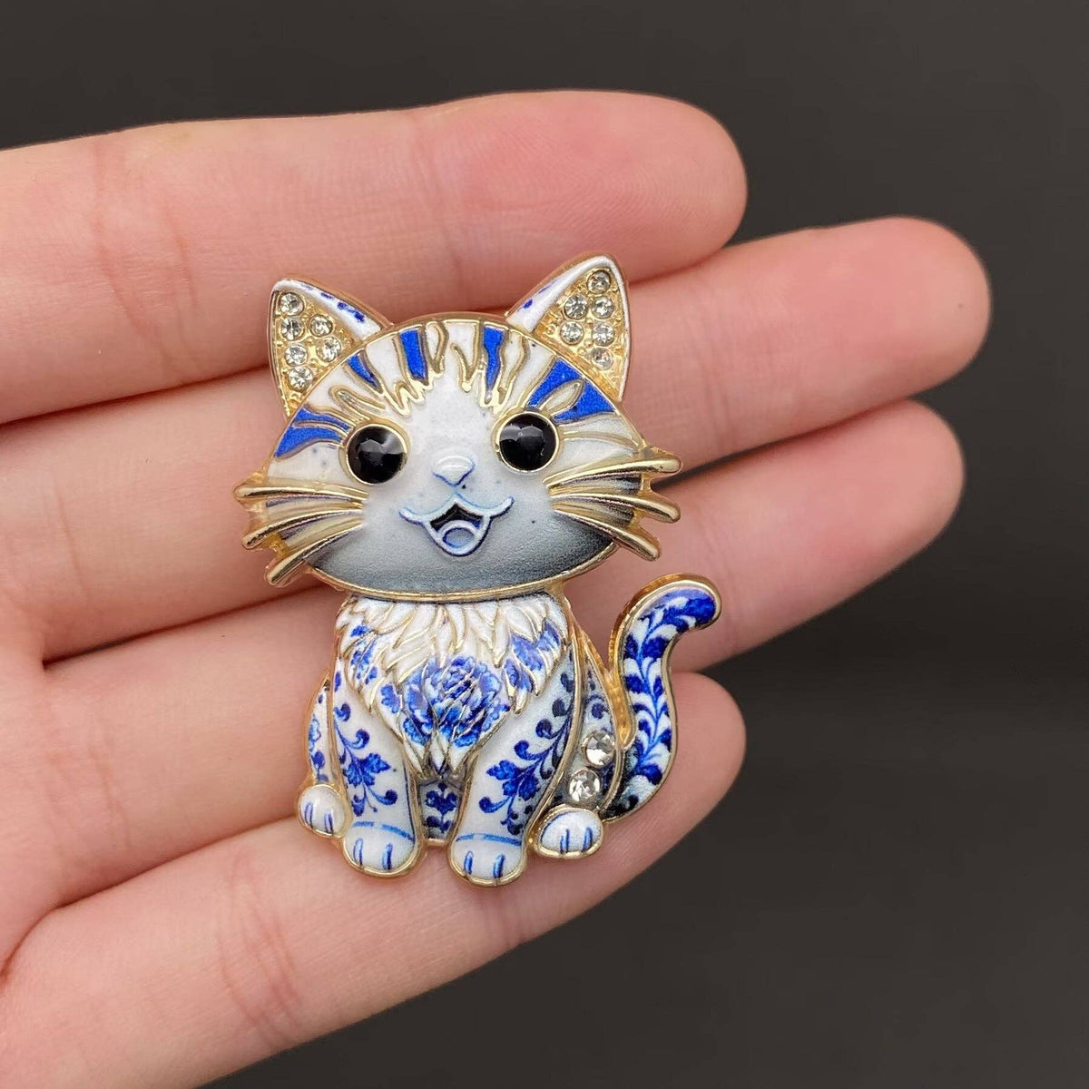 Rhinestone Inlaid Enamel Cat Brooch