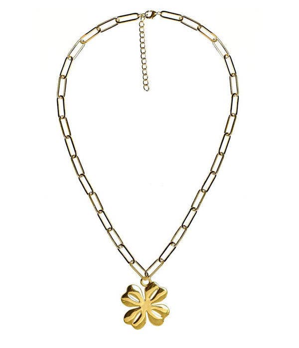 Gold Shamrock Charm Necklace with Paper Clip Chain - 18k Gold Plated