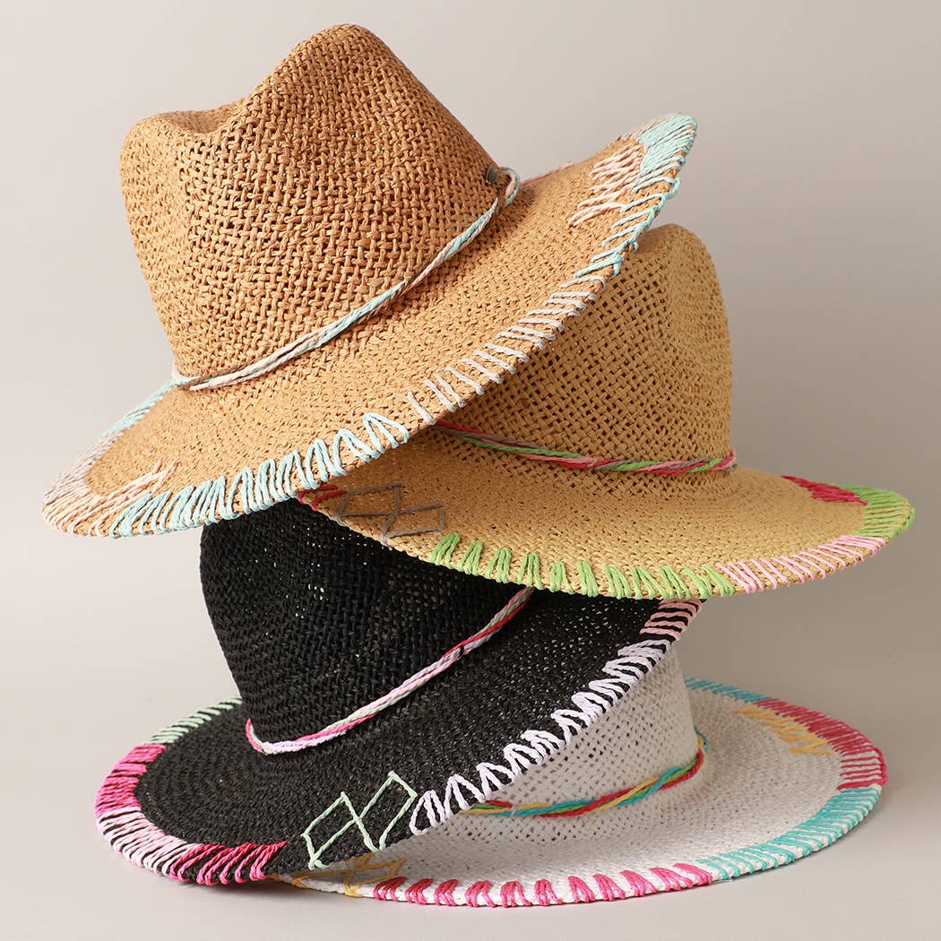 Multi-Colored Stitched Brim Panama Hat
