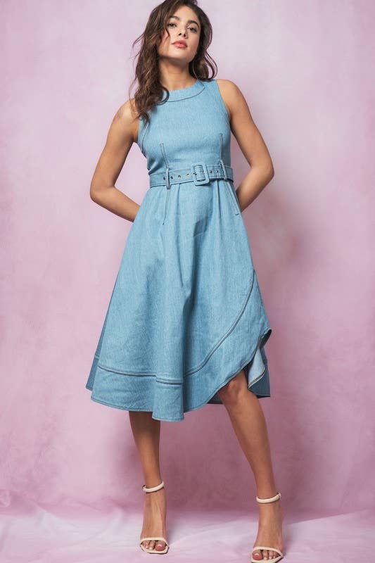Fit and Flare Sleeveless Denim Midi Dress