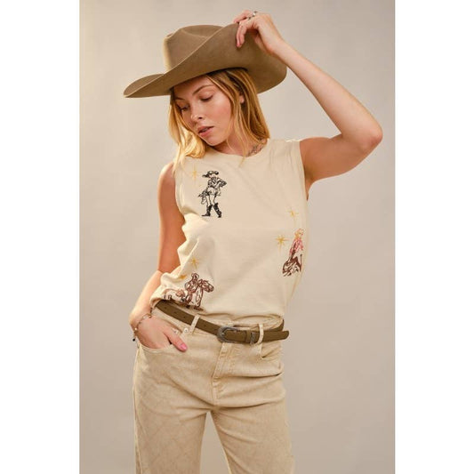 Sleeveless crew neck top with embroidered