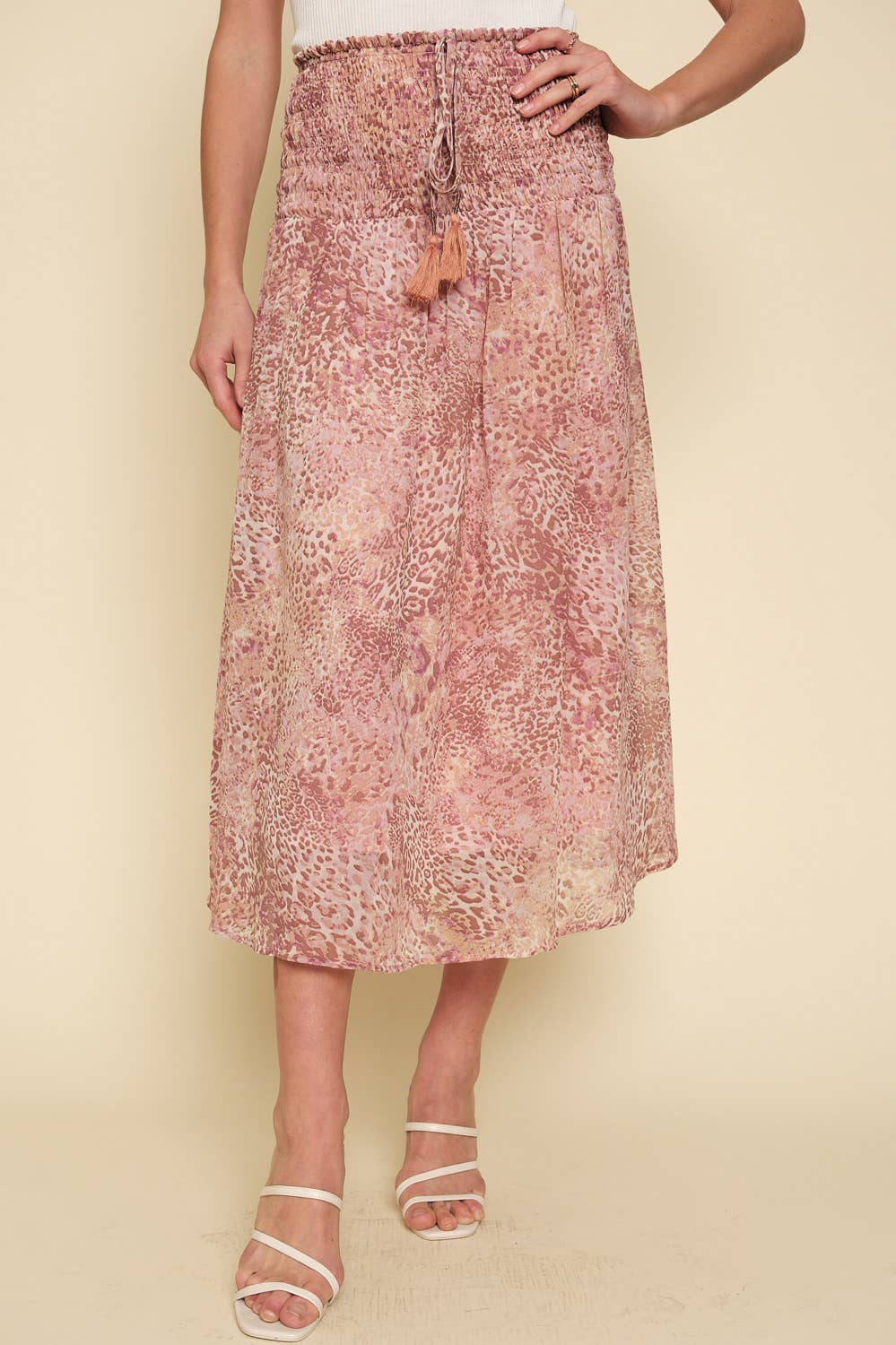 Smocked Waist Animal Print Convertible Midi Skirt - Blush