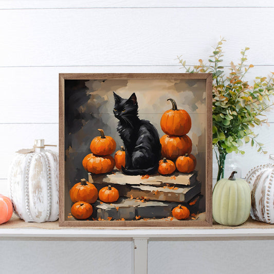 Black Cat With Pumpkin Stack