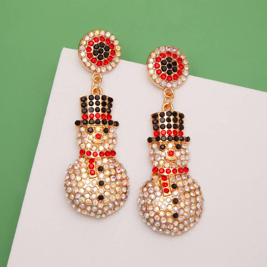 Christmas Rhinestone Pave Snowman Top Hat Drop Earrings