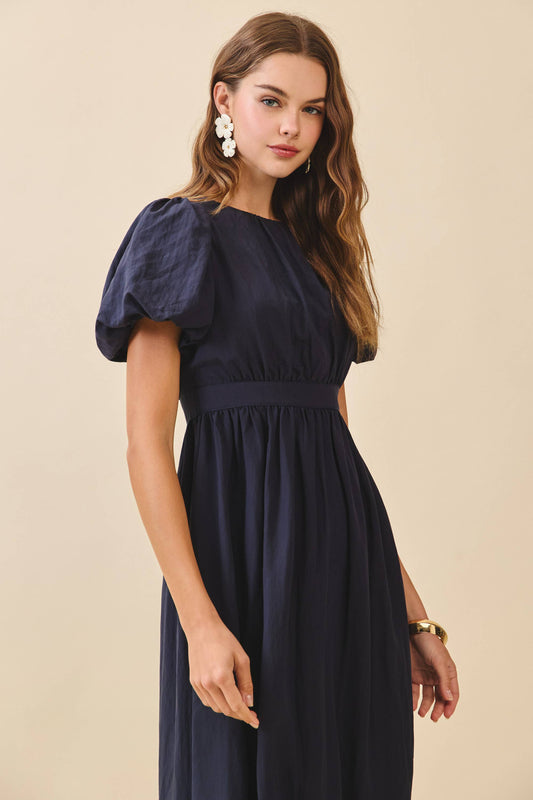 Voluminous Puff Sleeves Gathered Bodice Midi Dress