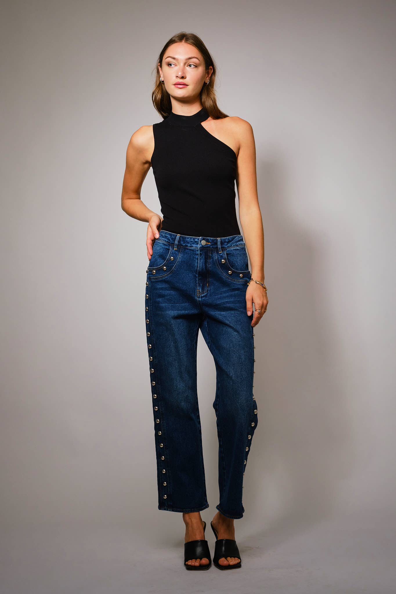 Metal Studded High Rise Straight Leg Jeans
