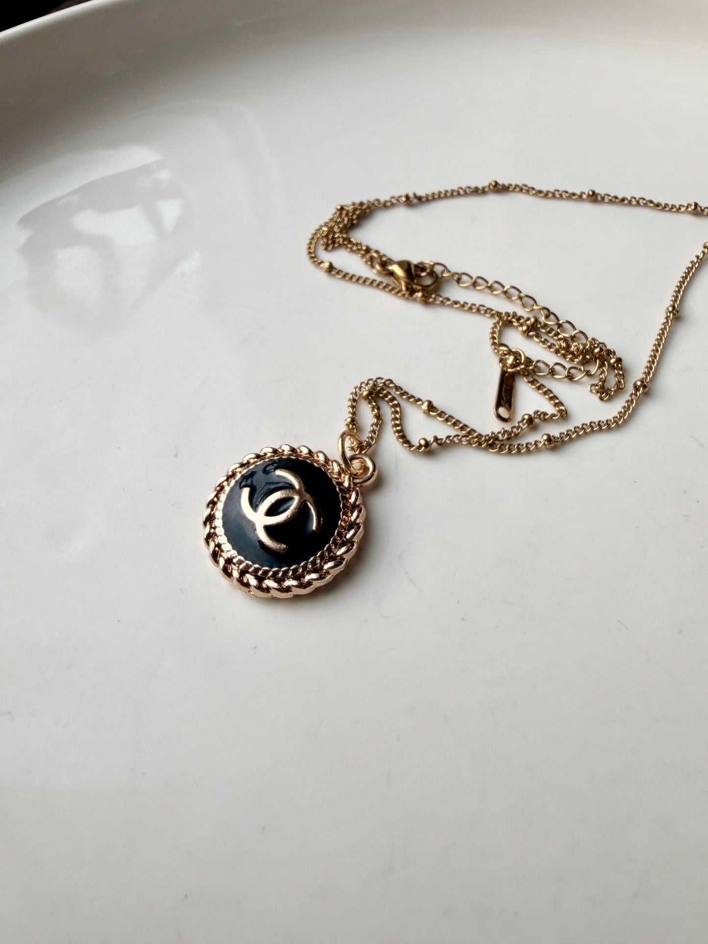 Upcycled Chanel Designer Black & Gold Pendant Necklace