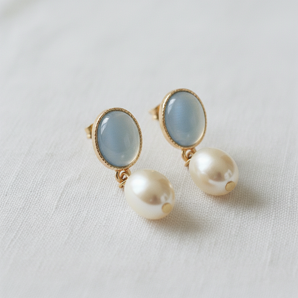 Freshwater Pearl and Cat's Eye Stud Earrings