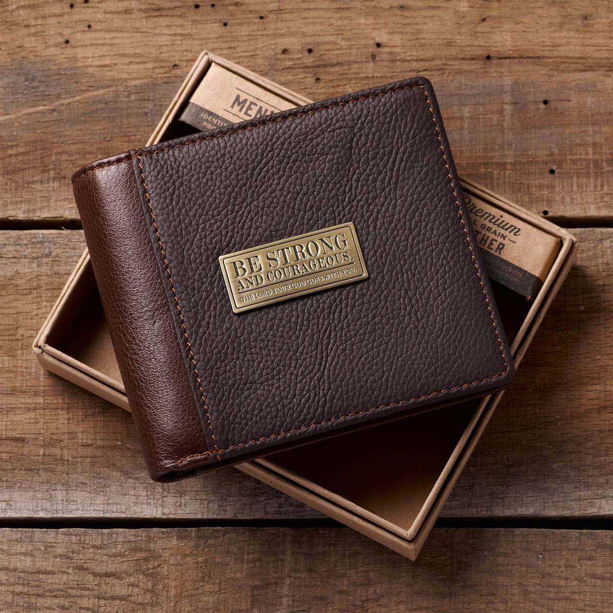 Wallet Leather Brown Be Strong & Courageous Badge